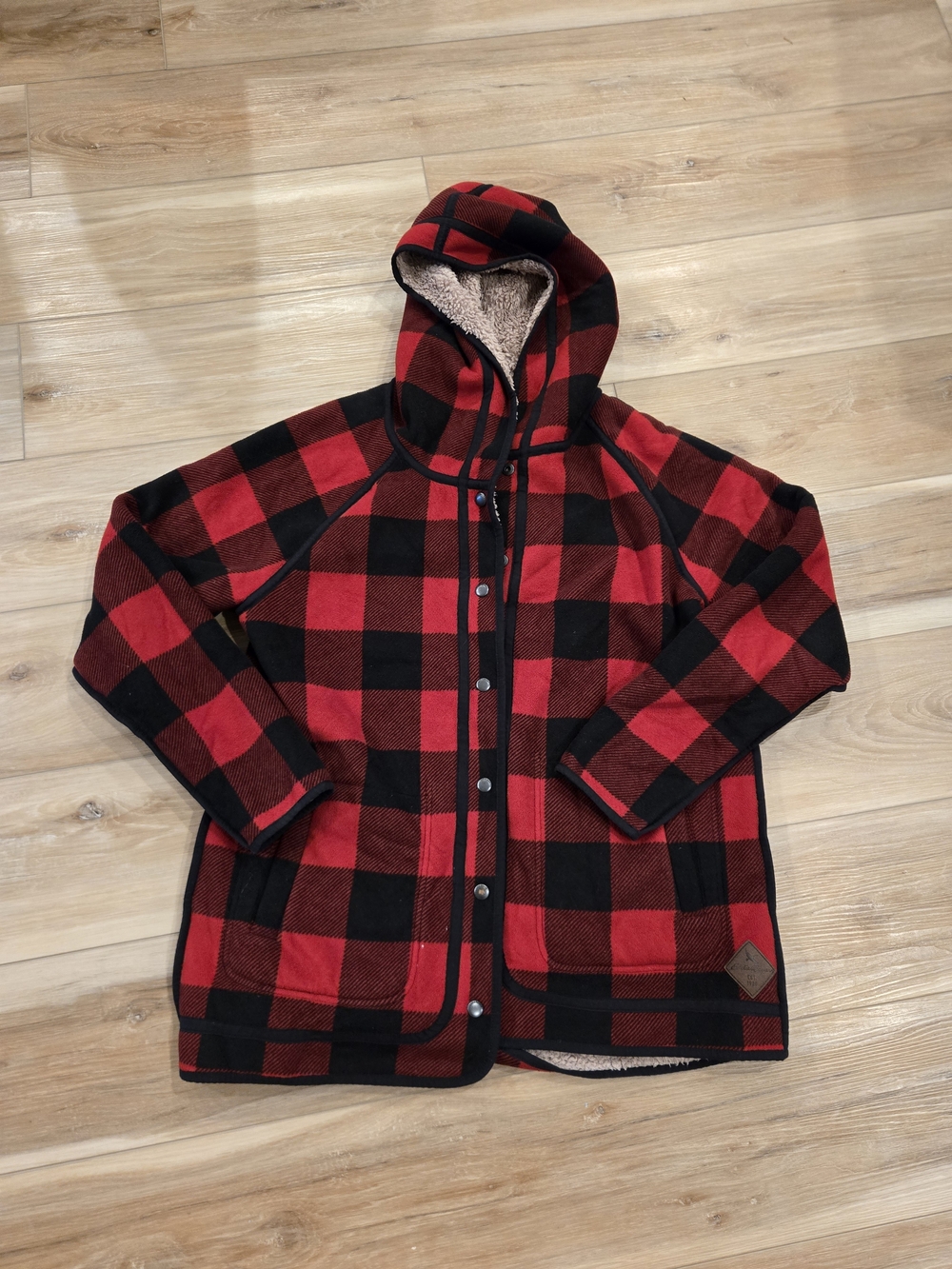 Eddie Bauer Red & Black Buffalo Plaid Hooded Sherpa Jacket